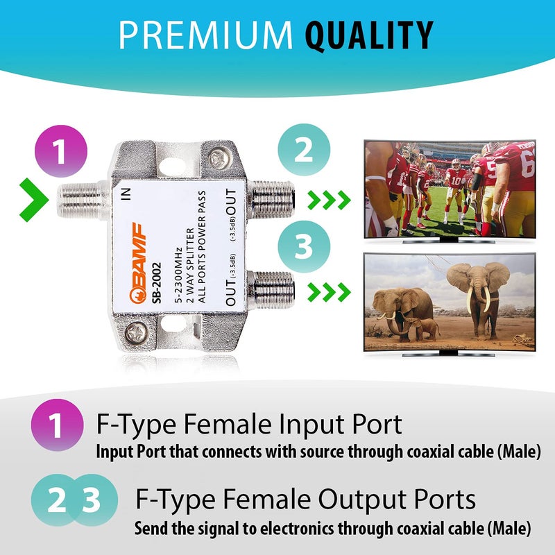 BAMF Manufacturing موزع كابل كوكس 2-طريق BAMF، ثنائي الاتجاه MoCA 5-2300MHz - موزع عالي الأداء للتلفاز أو الإنترنت أو الأقمار الصناعية - Image 5